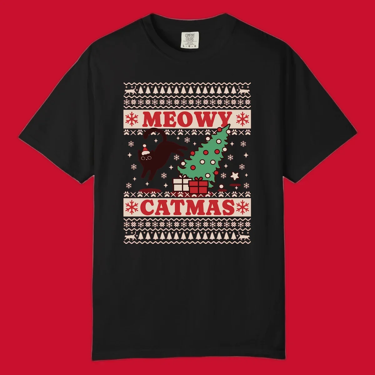 Meowy Catmas ugly sweater design featuring a black cat, Christmas tree, gifts, and text.