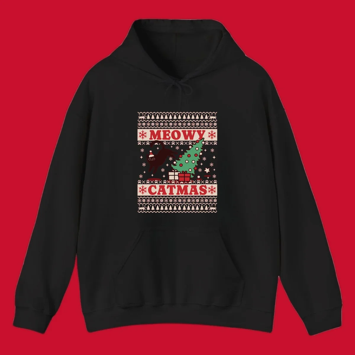 Meowy Catmas ugly sweater design featuring a black cat, Christmas tree, gifts, and text.