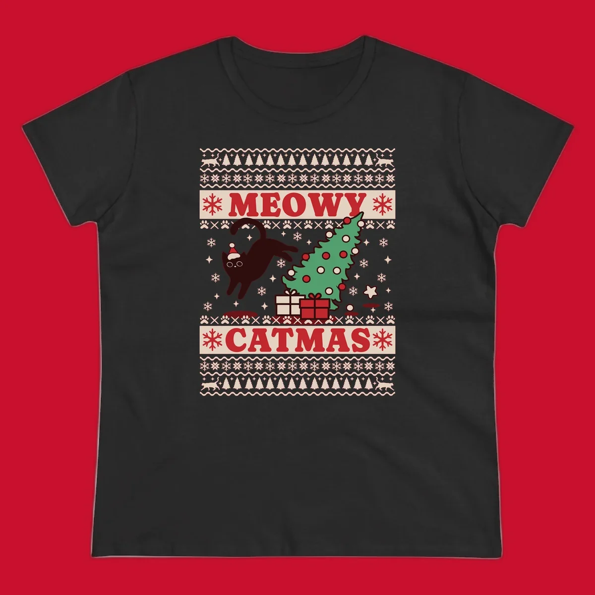 Meowy Catmas ugly sweater design featuring a black cat, Christmas tree, gifts, and text.