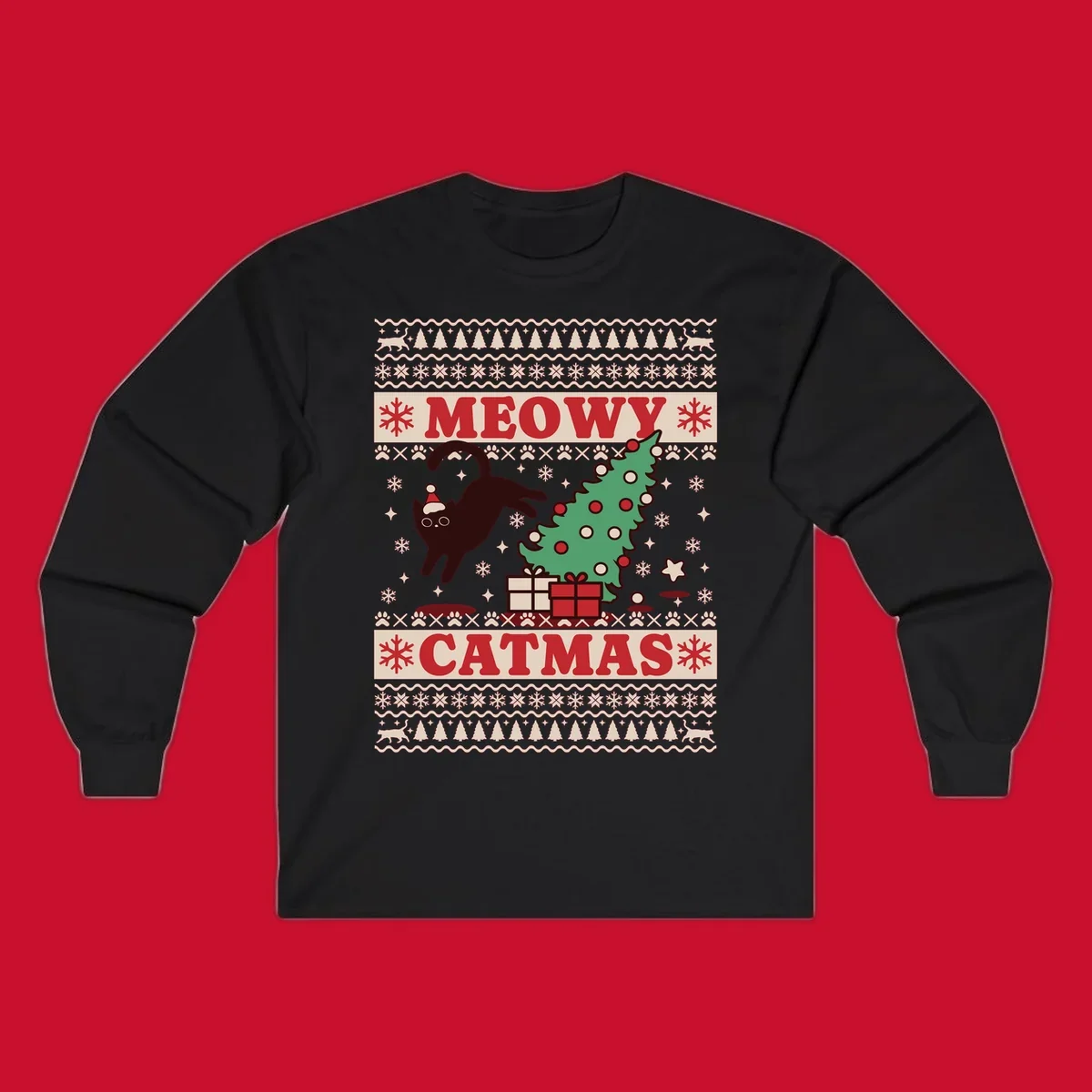 Meowy Catmas ugly sweater design featuring a black cat, Christmas tree, gifts, and text.