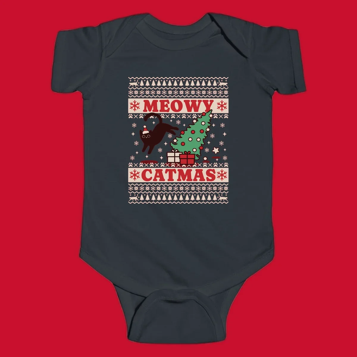 Meowy Catmas ugly sweater design featuring a black cat, Christmas tree, gifts, and text.