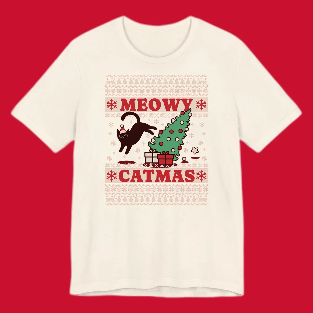 Meowy Catmas ugly sweater design featuring a black cat, Christmas tree, gifts, and text.