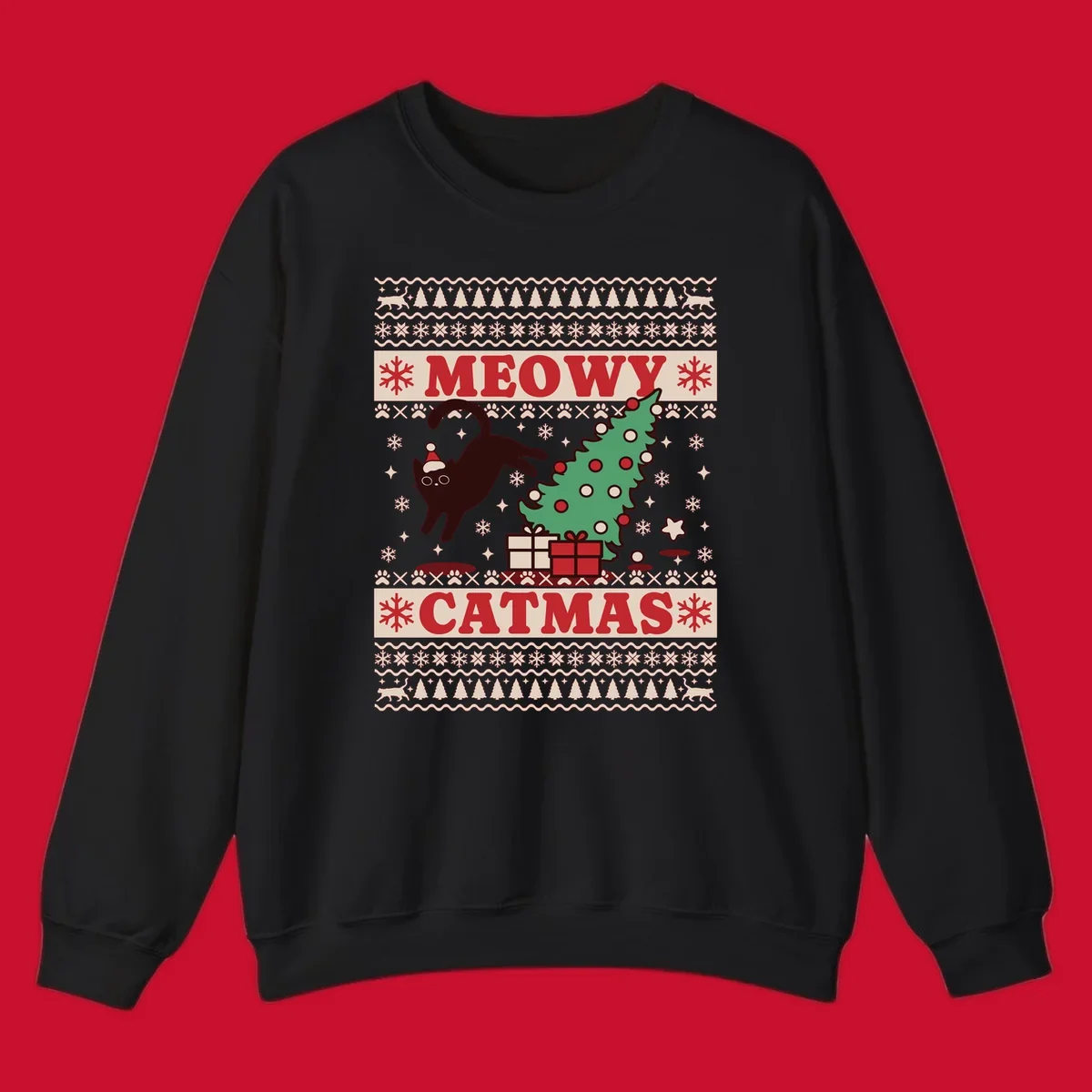 Meowy Catmas ugly sweater design featuring a black cat, Christmas tree, gifts, and text.