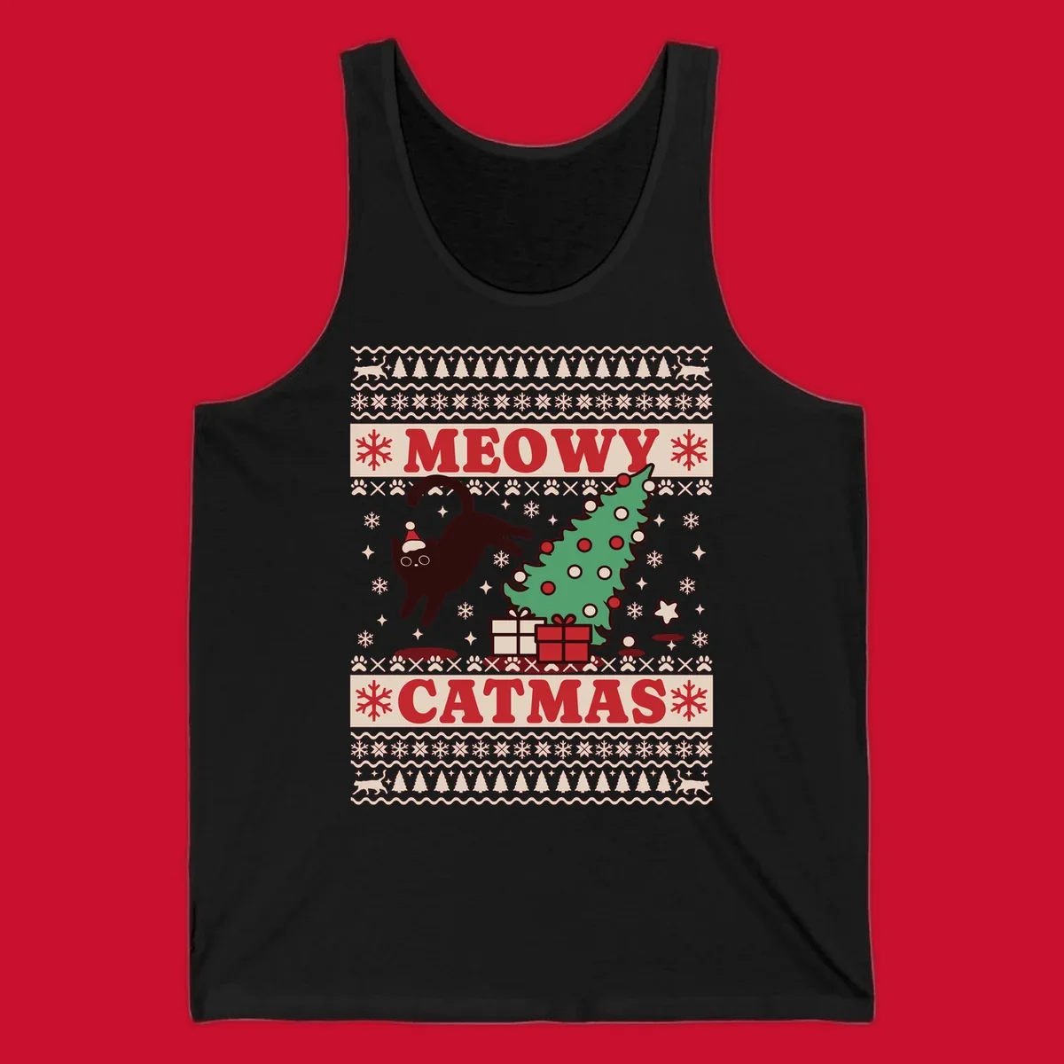 Meowy Catmas ugly sweater design featuring a black cat, Christmas tree, gifts, and text.
