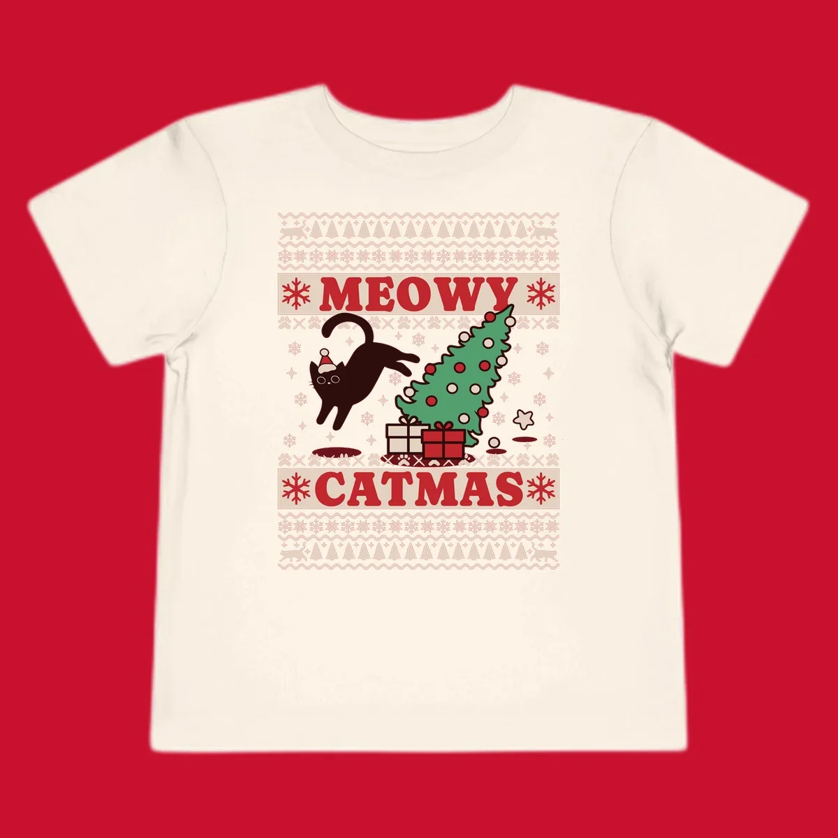 Meowy Catmas ugly sweater design featuring a black cat, Christmas tree, gifts, and text.