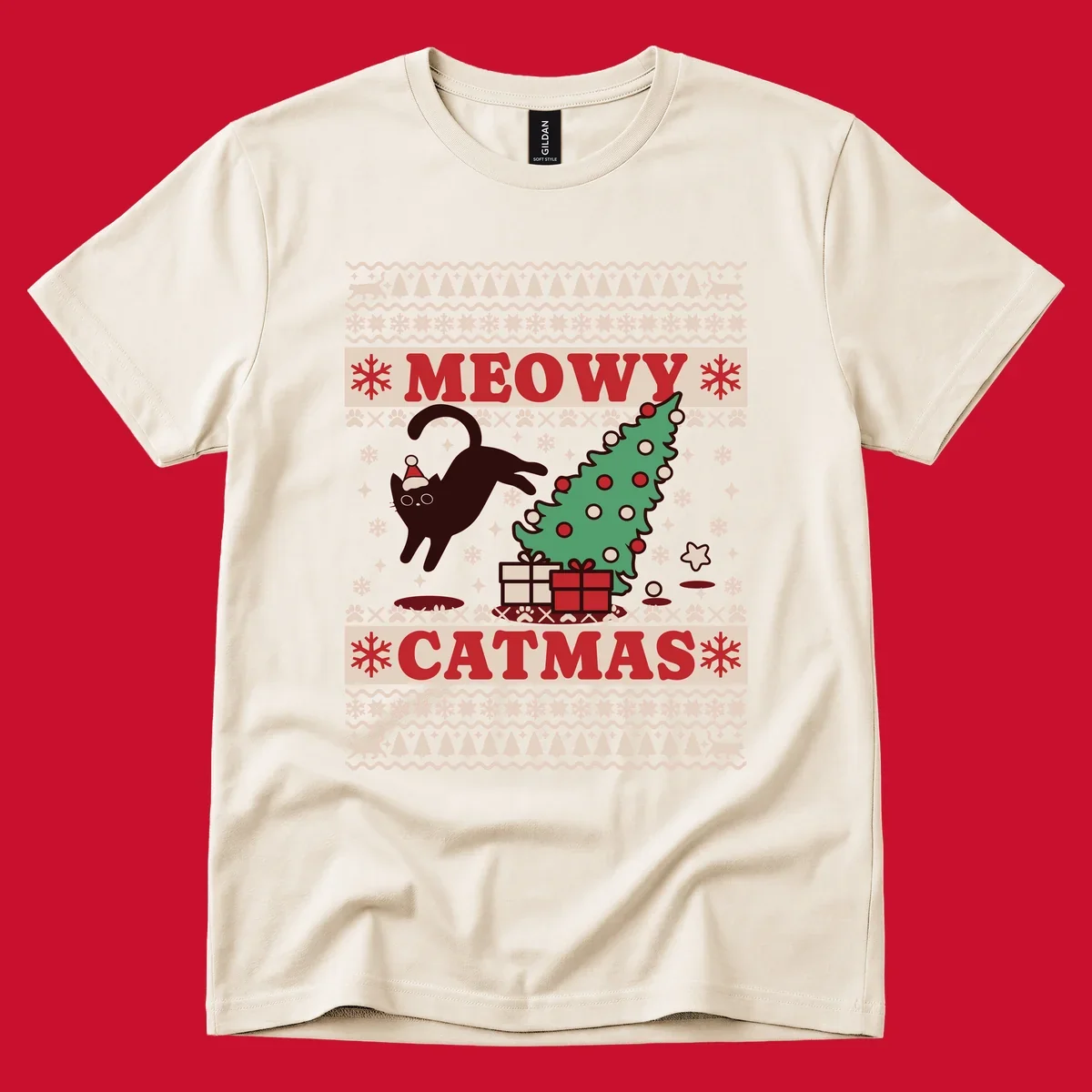 Meowy Catmas ugly sweater design featuring a black cat, Christmas tree, gifts, and text.