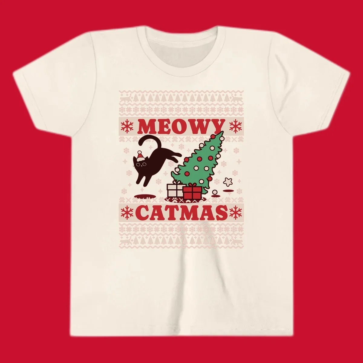 Meowy Catmas ugly sweater design featuring a black cat, Christmas tree, gifts, and text.