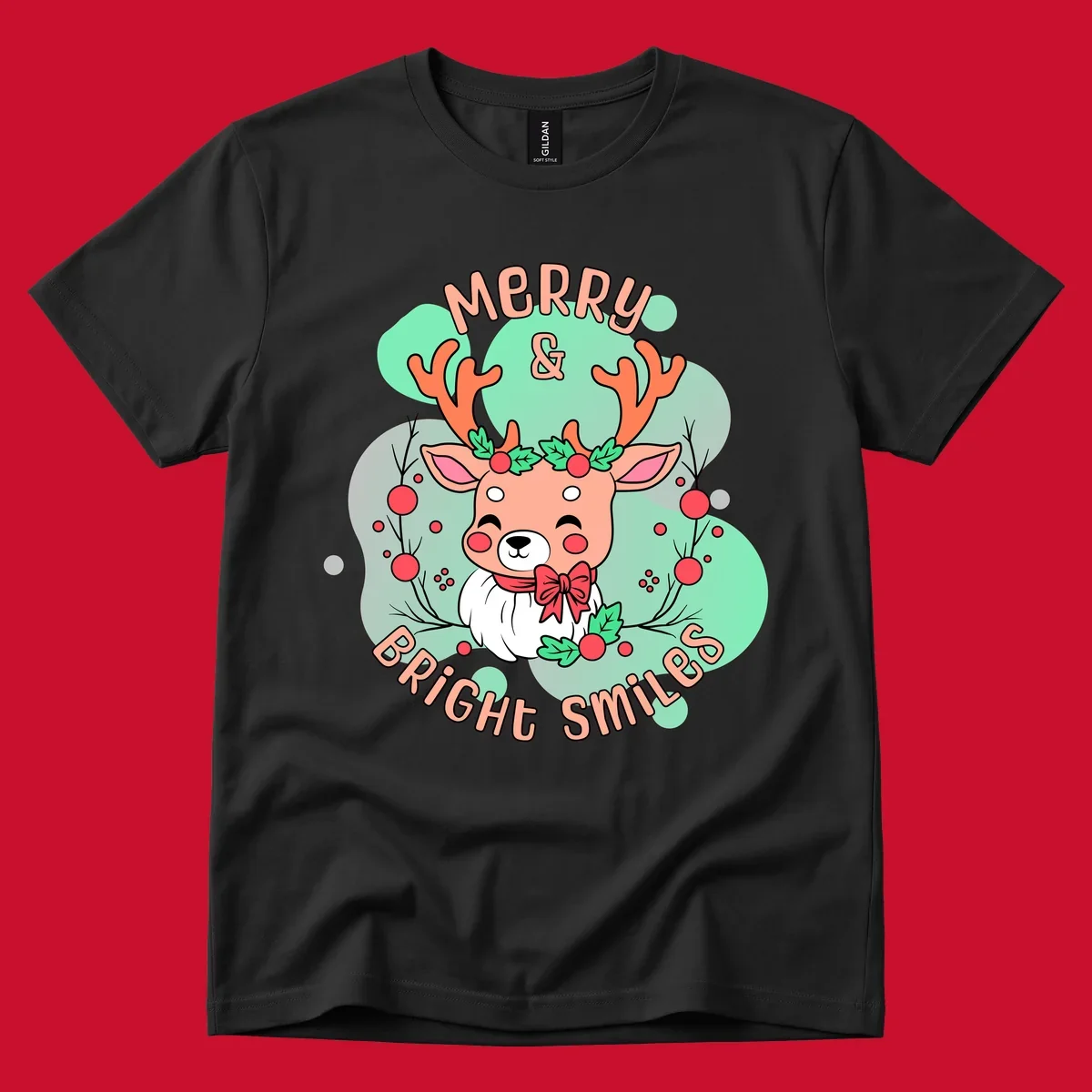 Merry and bright reindeer illustration with holly and text, Christmas theme.