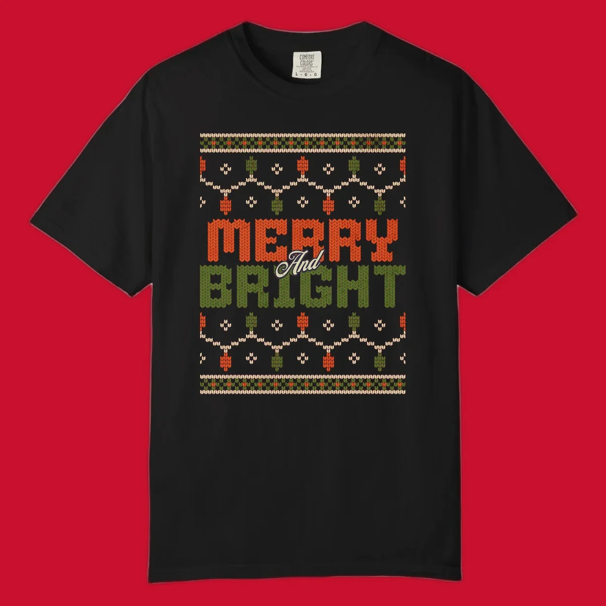 Merry And Bright ugly Christmas sweater design with festive patterns.