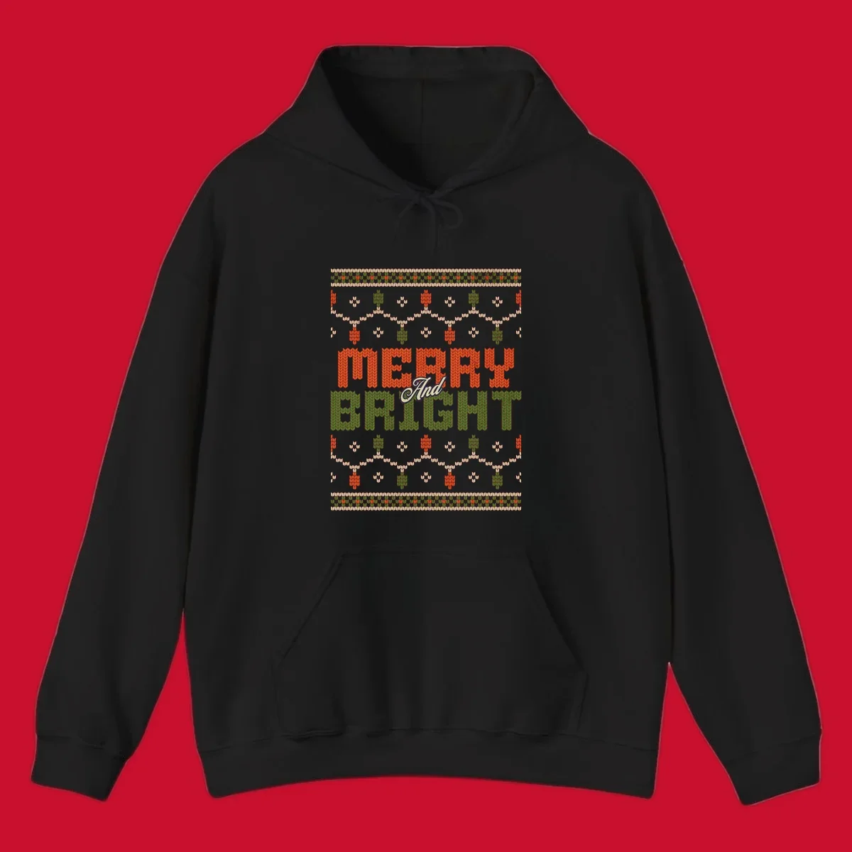 Merry And Bright ugly Christmas sweater design with festive patterns.