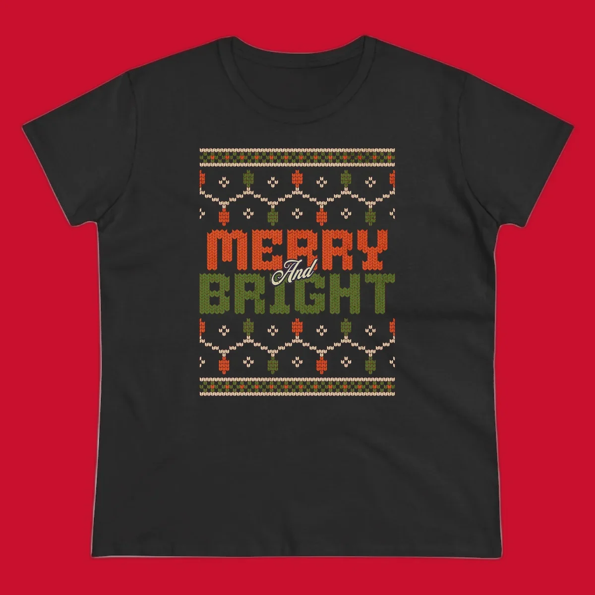 Merry And Bright ugly Christmas sweater design with festive patterns.