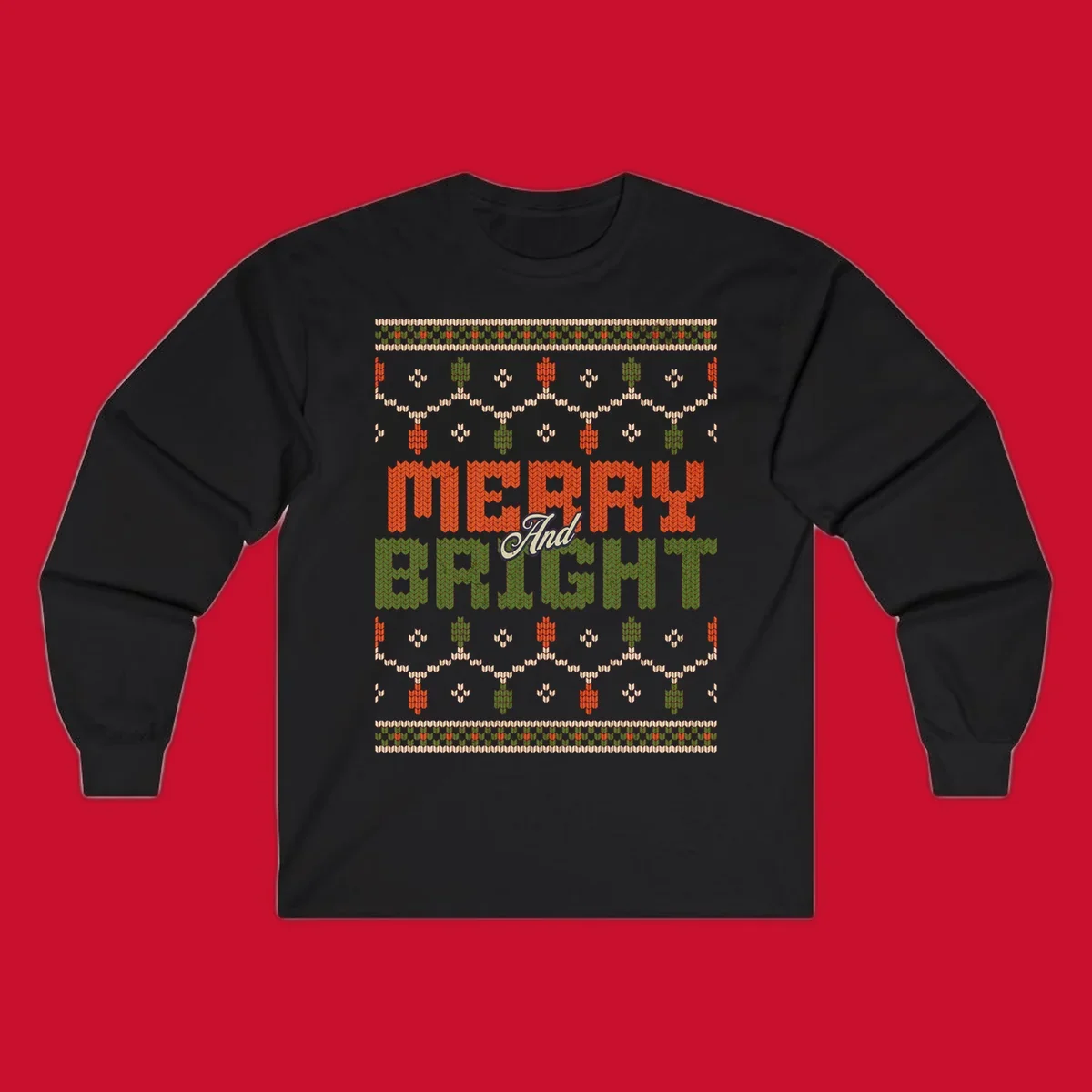Merry And Bright ugly Christmas sweater design with festive patterns.