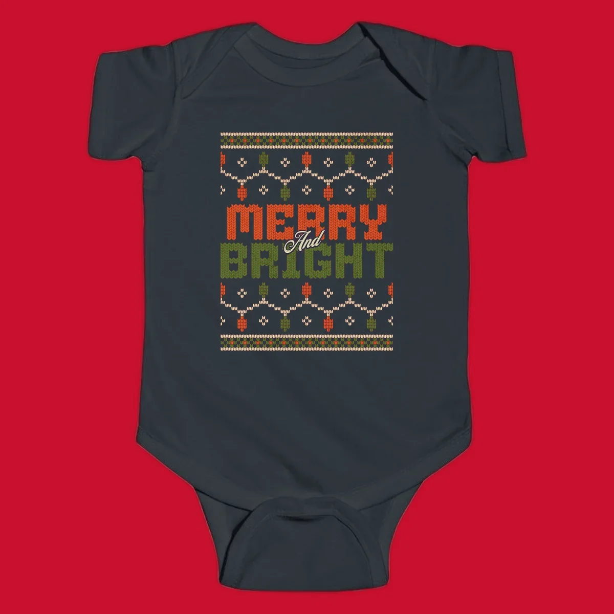 Merry And Bright ugly Christmas sweater design with festive patterns.