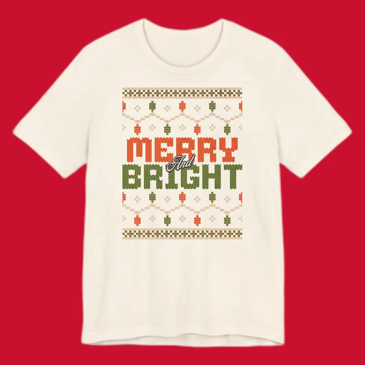 Merry And Bright ugly Christmas sweater design with festive patterns.