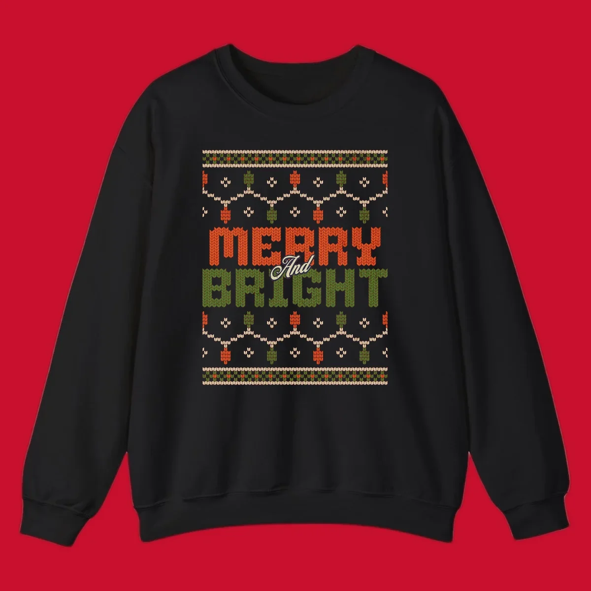 Merry And Bright ugly Christmas sweater design with festive patterns.
