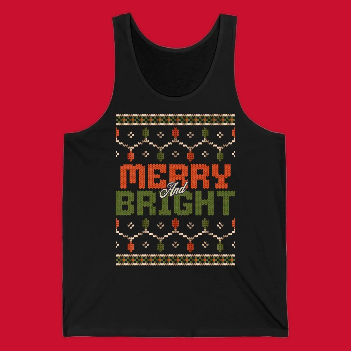 Merry And Bright ugly Christmas sweater design with festive patterns.