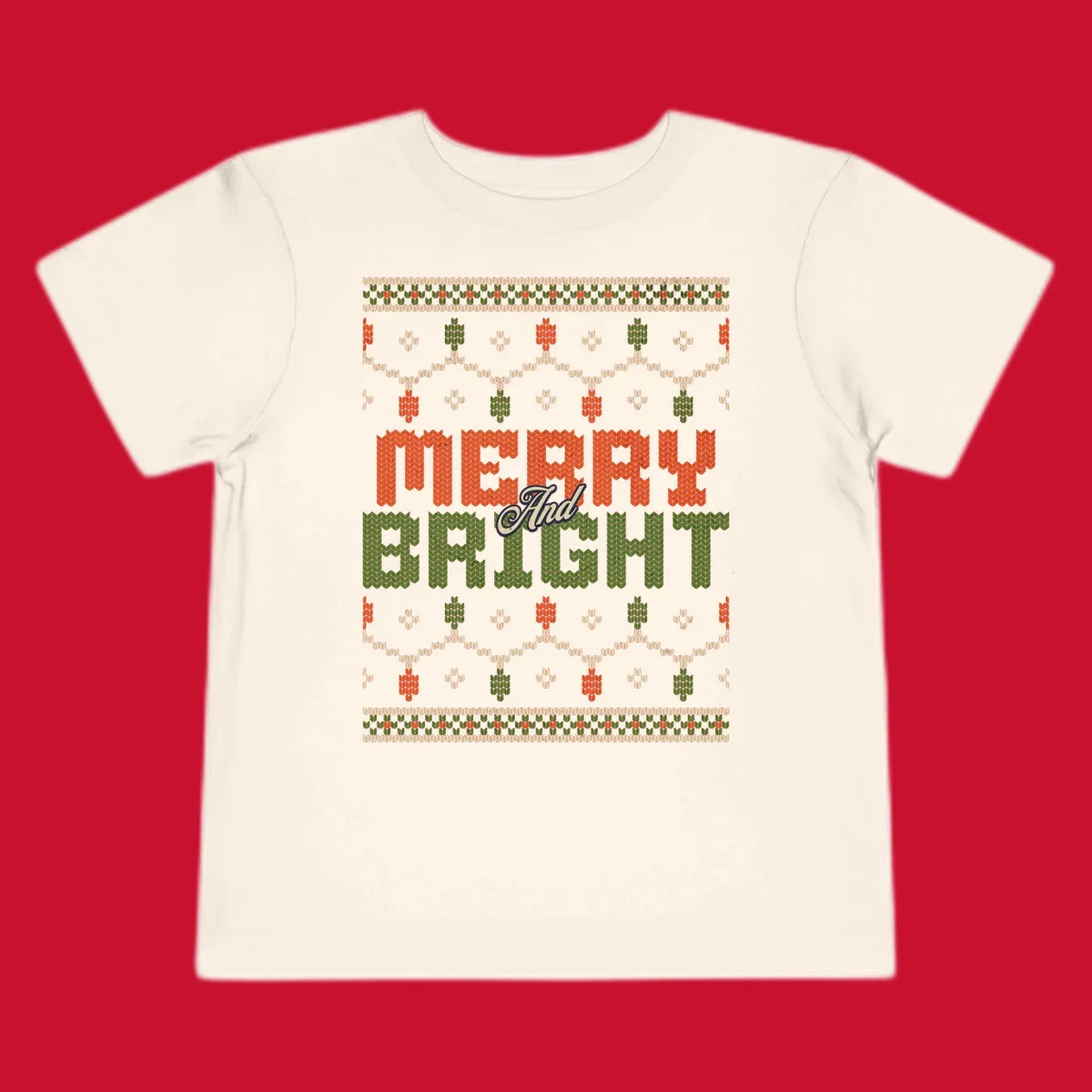 Merry And Bright ugly Christmas sweater design with festive patterns.