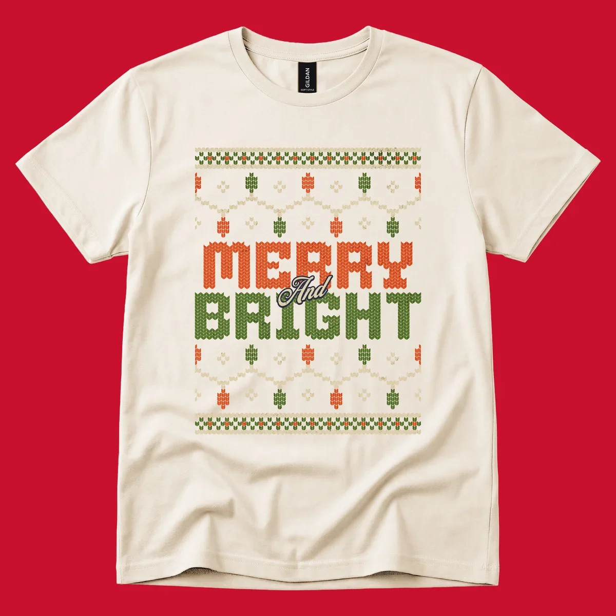 Merry And Bright ugly Christmas sweater design with festive patterns.