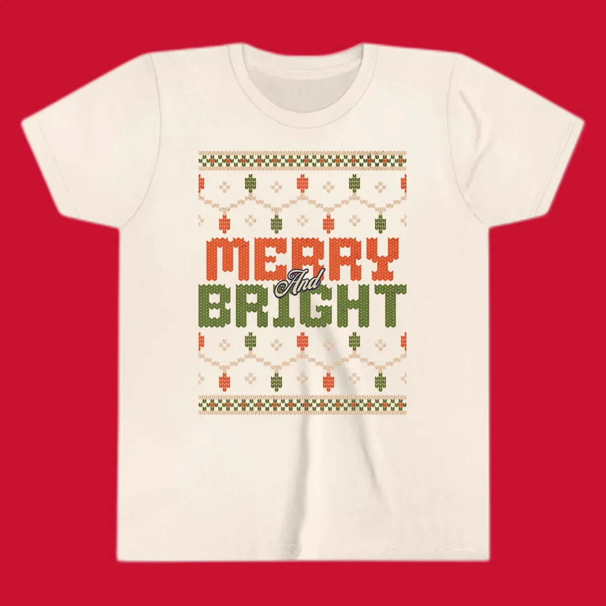 Merry And Bright ugly Christmas sweater design with festive patterns.