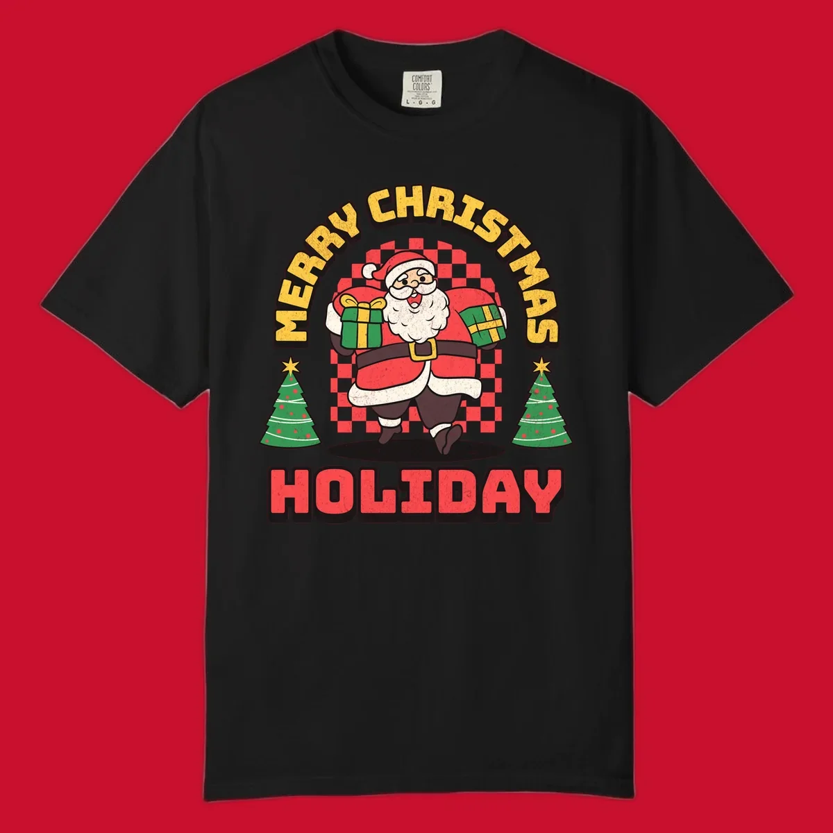 Santa Claus holding gifts and Christmas trees with MERRY CHRISTMAS HOLIDAY text.