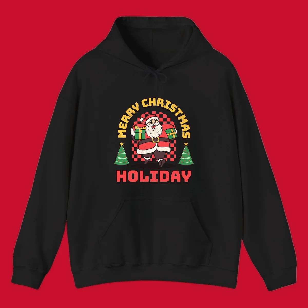 Santa Claus holding gifts and Christmas trees with MERRY CHRISTMAS HOLIDAY text.