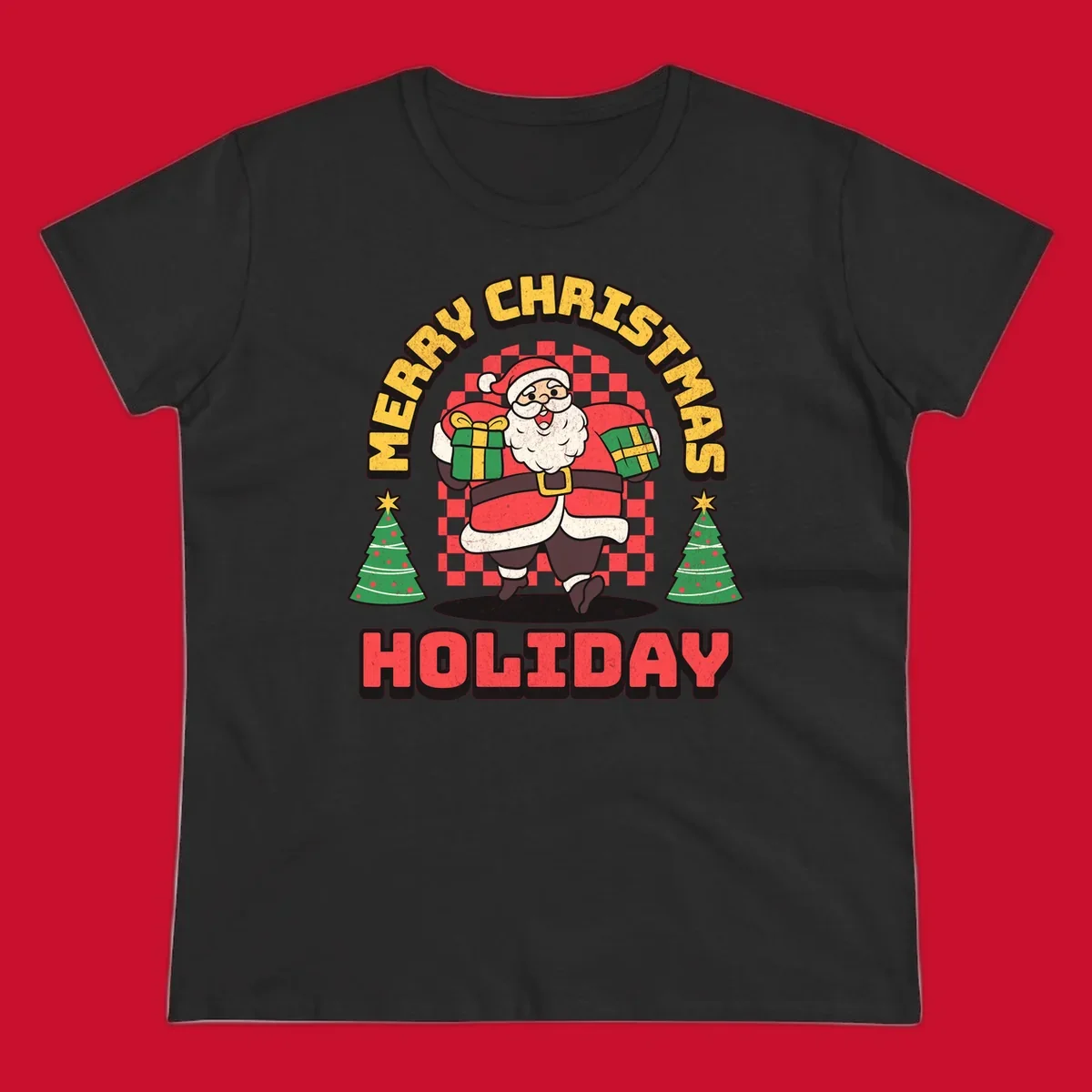 Santa Claus holding gifts and Christmas trees with MERRY CHRISTMAS HOLIDAY text.