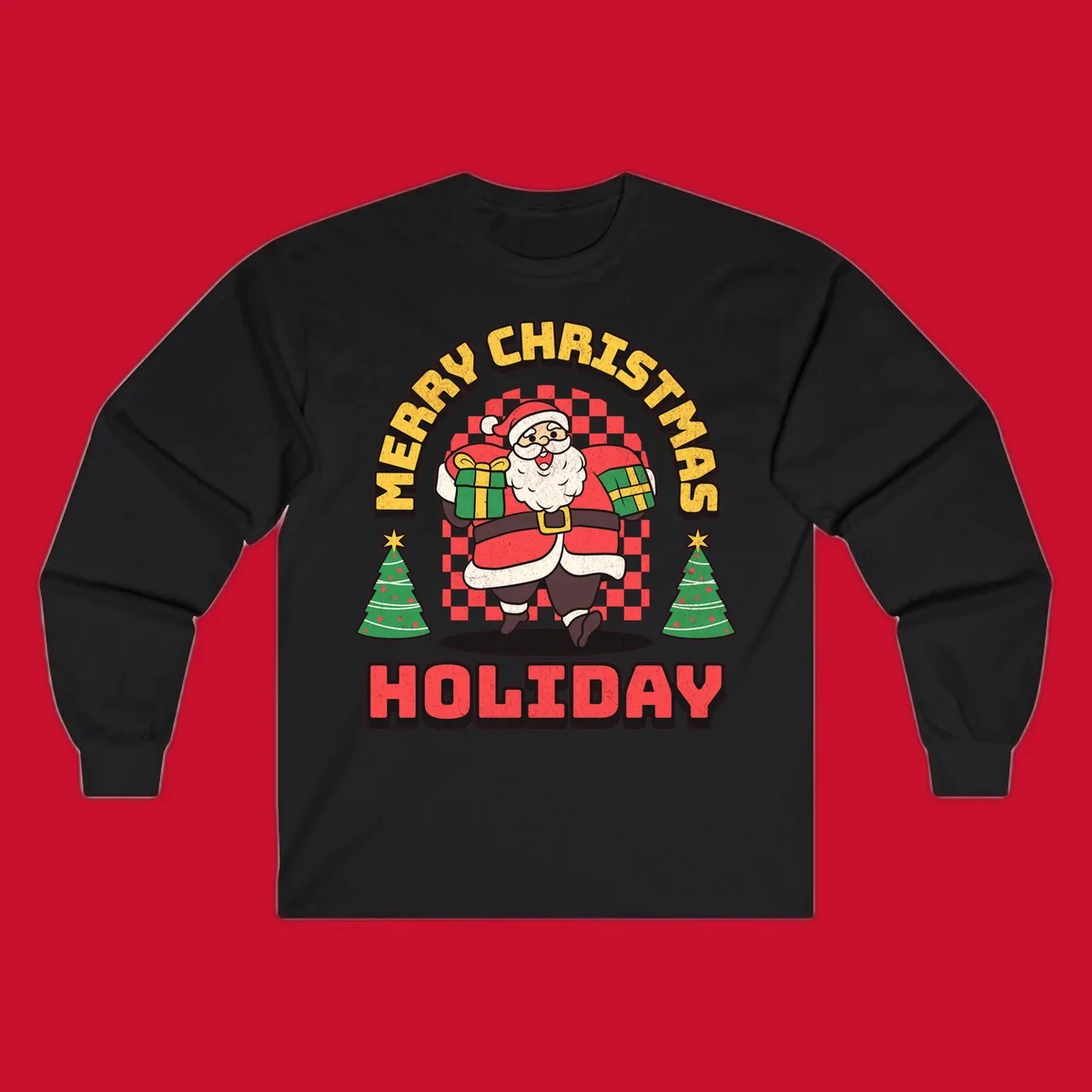 Santa Claus holding gifts and Christmas trees with MERRY CHRISTMAS HOLIDAY text.