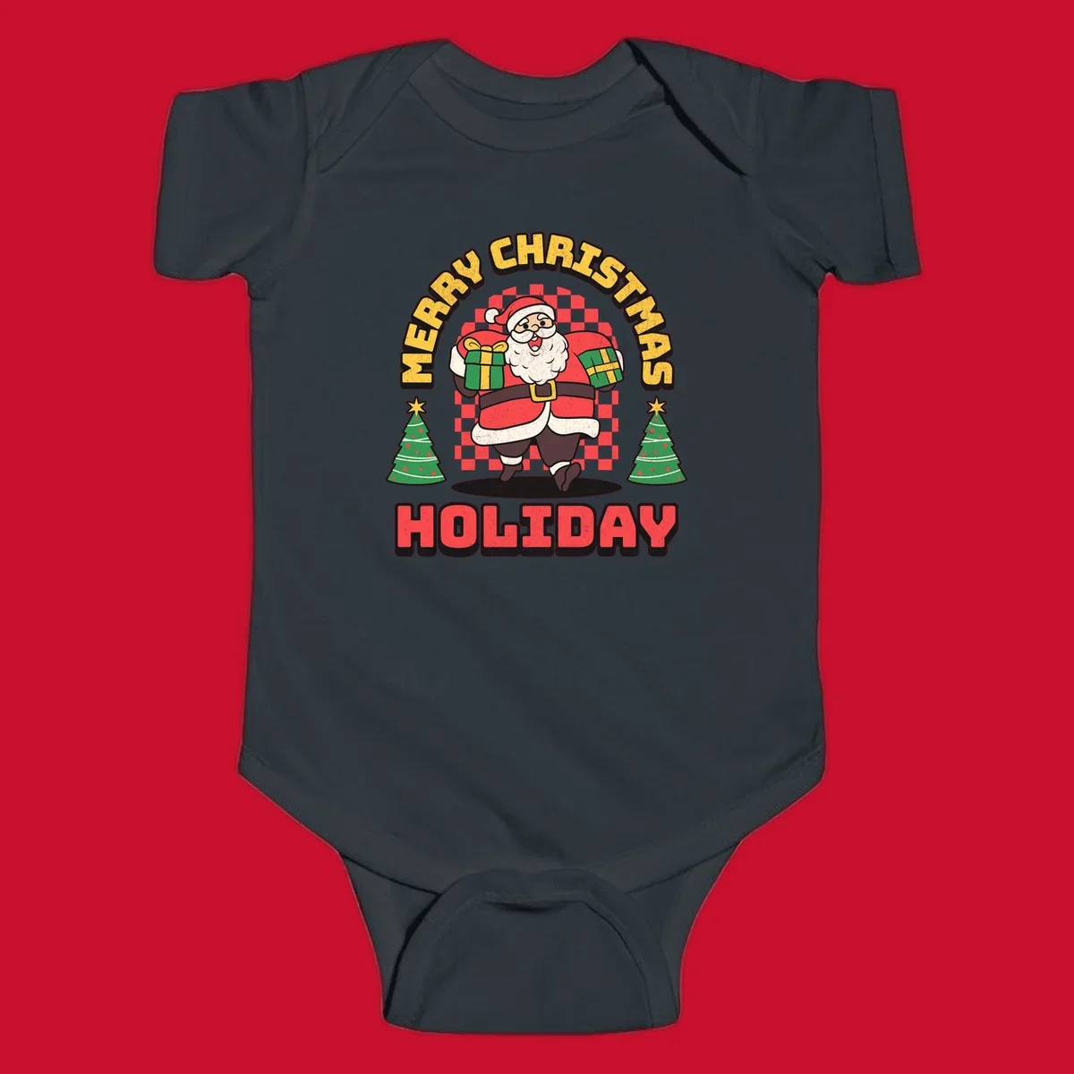 Santa Claus holding gifts and Christmas trees with MERRY CHRISTMAS HOLIDAY text.