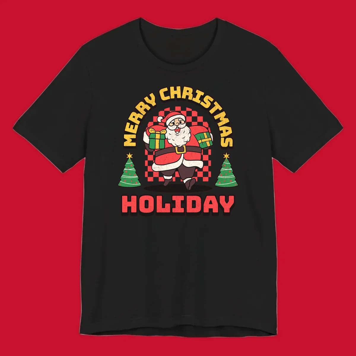 Santa Claus holding gifts and Christmas trees with MERRY CHRISTMAS HOLIDAY text.