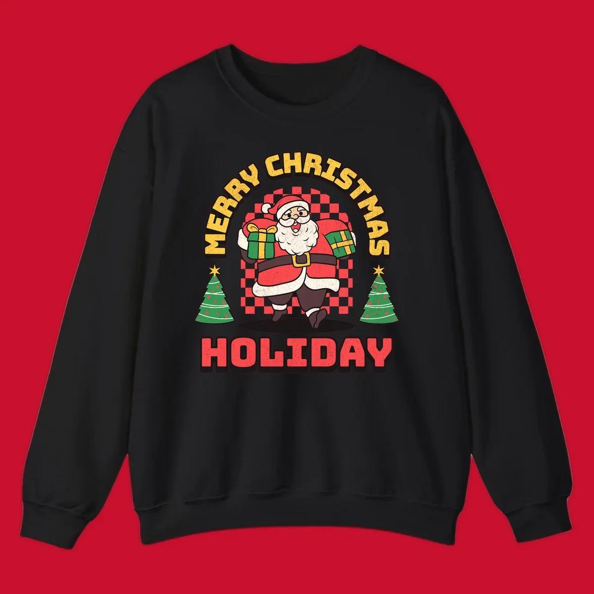 Santa Claus holding gifts and Christmas trees with MERRY CHRISTMAS HOLIDAY text.