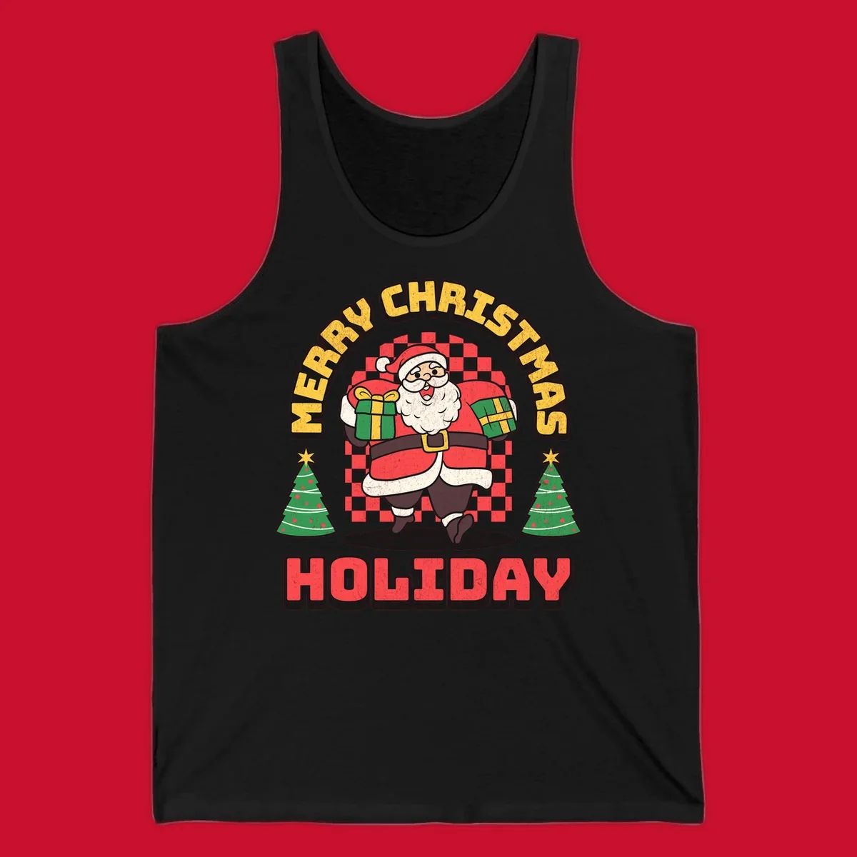 Santa Claus holding gifts and Christmas trees with MERRY CHRISTMAS HOLIDAY text.