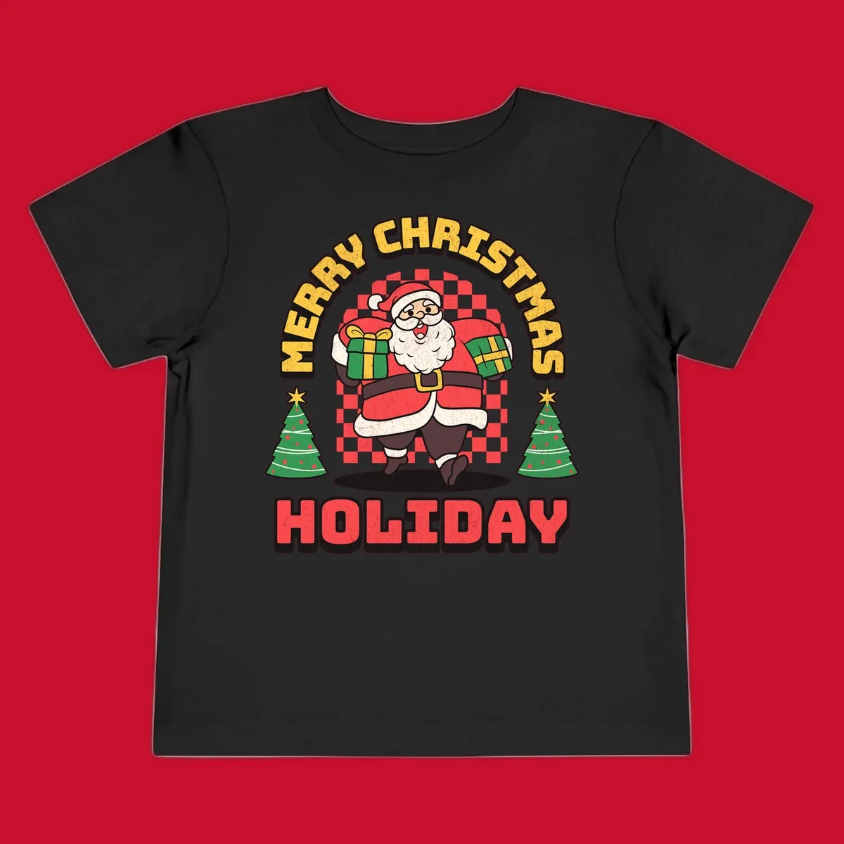 Santa Claus holding gifts and Christmas trees with MERRY CHRISTMAS HOLIDAY text.