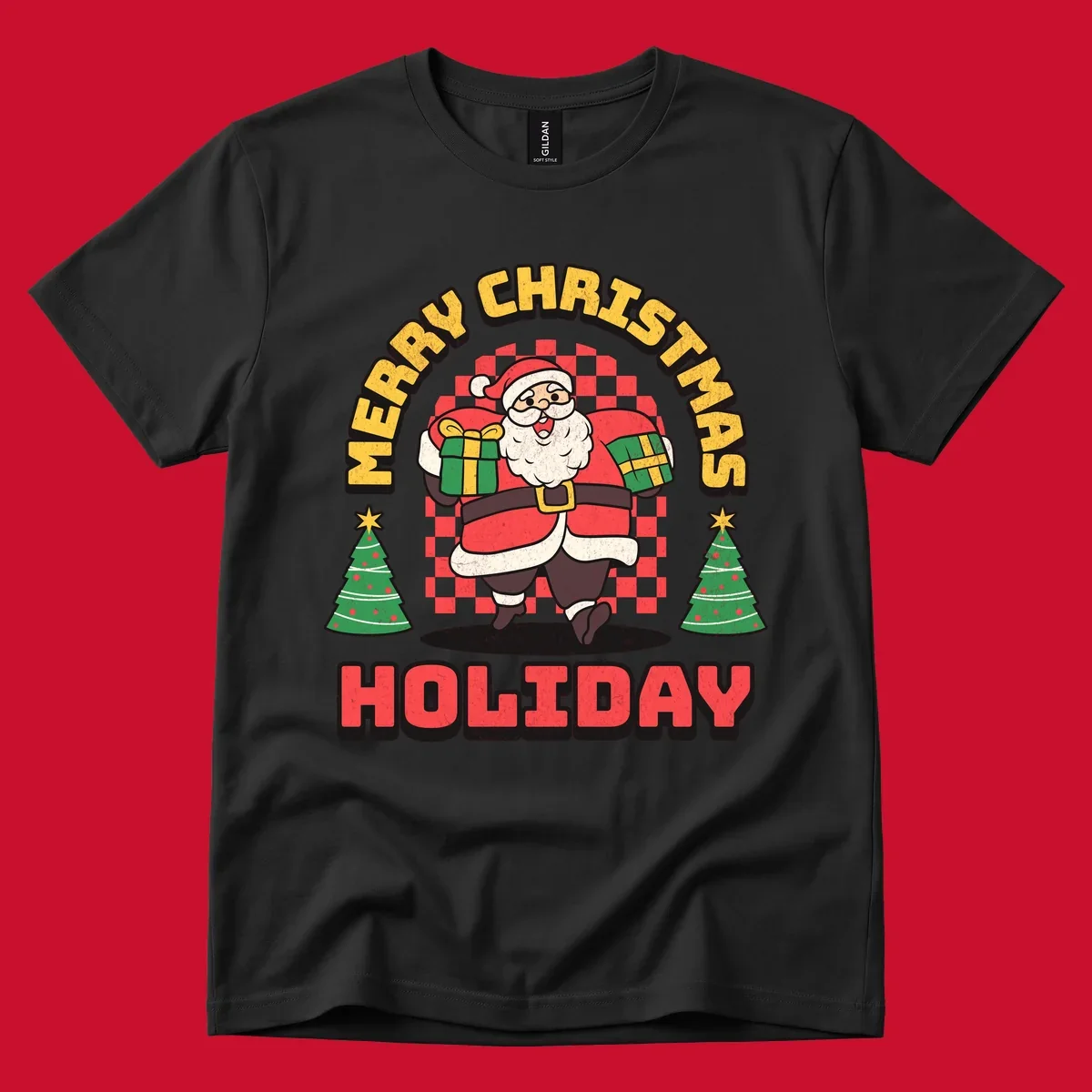 Santa Claus holding gifts and Christmas trees with MERRY CHRISTMAS HOLIDAY text.