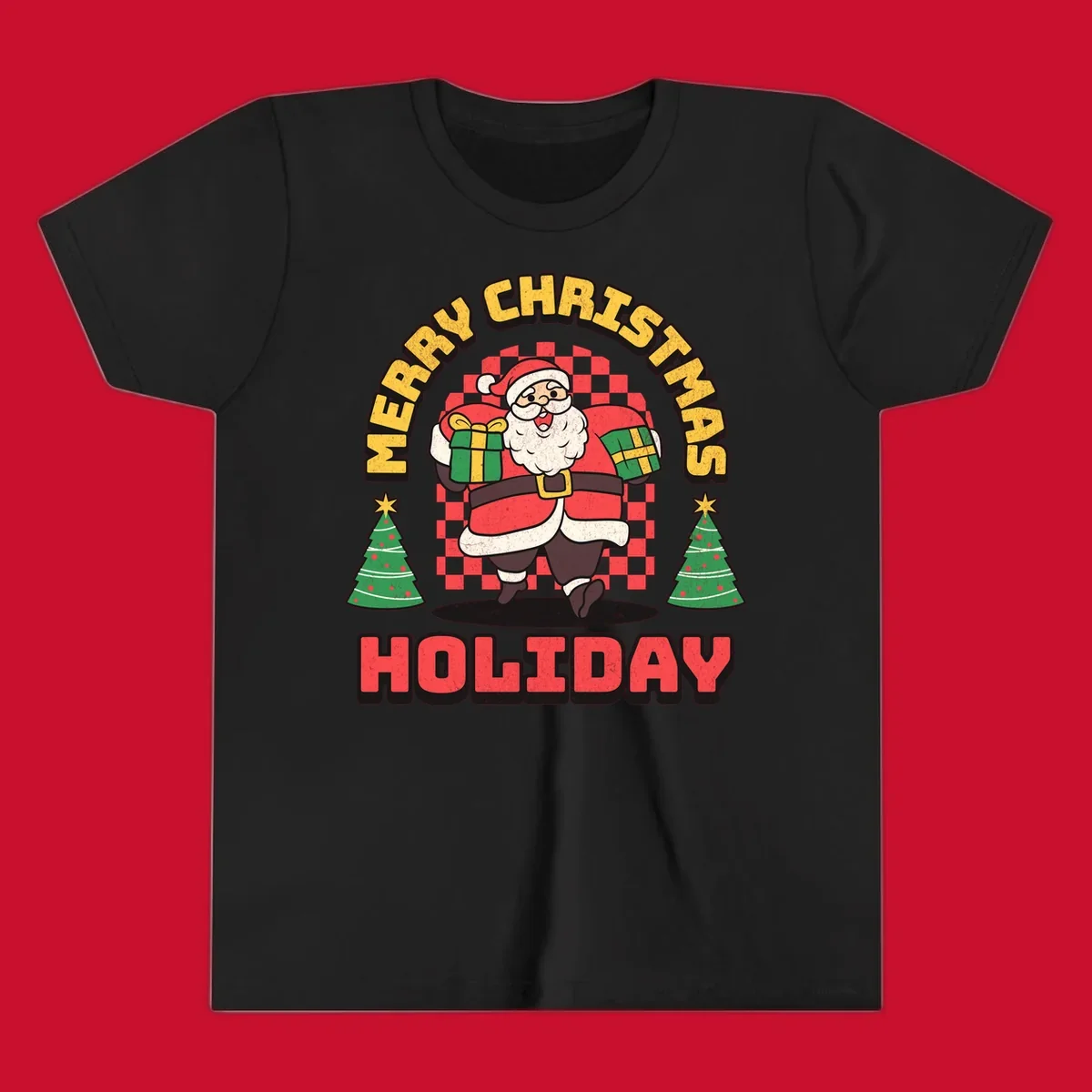 Santa Claus holding gifts and Christmas trees with MERRY CHRISTMAS HOLIDAY text.