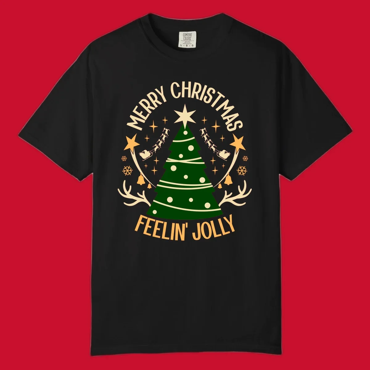 Christmas tree with 'Merry Christmas Feelin' Jolly' text, surrounded by festive holiday elements.