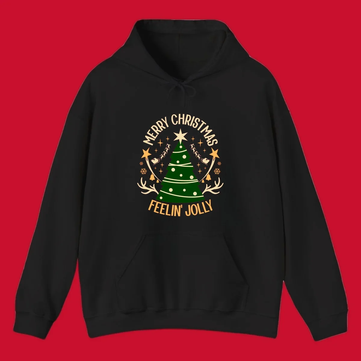 Christmas tree with 'Merry Christmas Feelin' Jolly' text, surrounded by festive holiday elements.