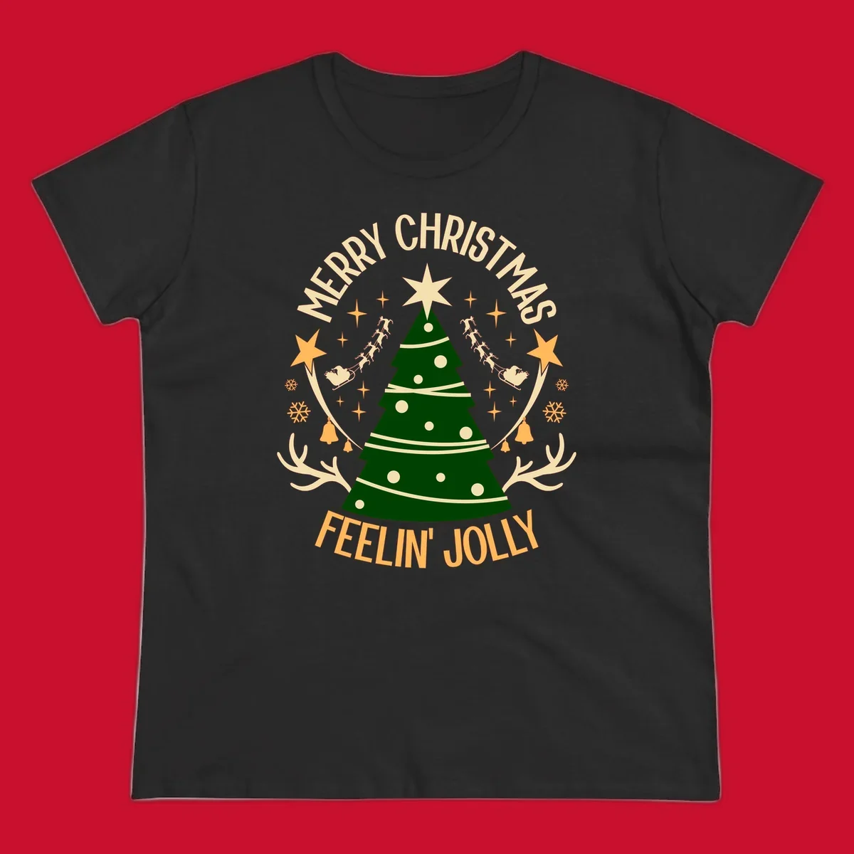 Christmas tree with 'Merry Christmas Feelin' Jolly' text, surrounded by festive holiday elements.