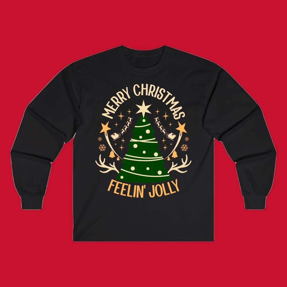 Christmas tree with 'Merry Christmas Feelin' Jolly' text, surrounded by festive holiday elements.