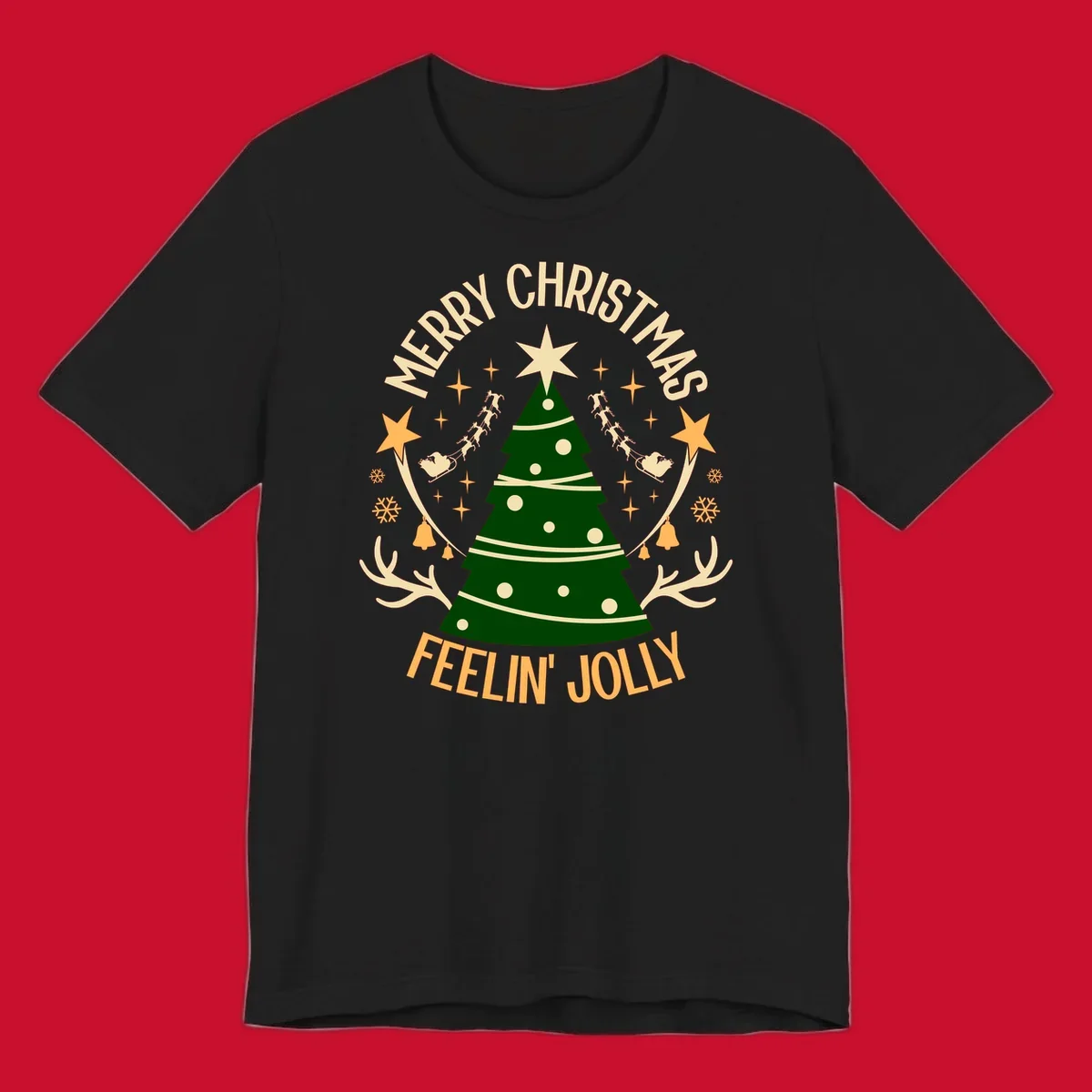 Christmas tree with 'Merry Christmas Feelin' Jolly' text, surrounded by festive holiday elements.