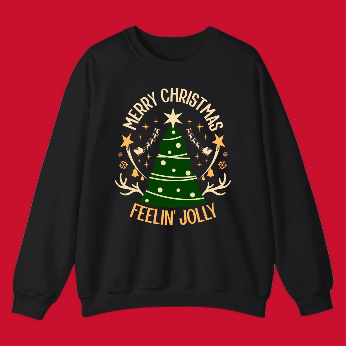 Christmas tree with 'Merry Christmas Feelin' Jolly' text, surrounded by festive holiday elements.
