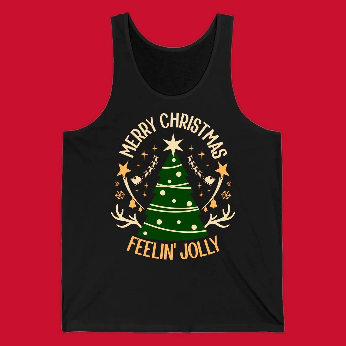 Christmas tree with 'Merry Christmas Feelin' Jolly' text, surrounded by festive holiday elements.