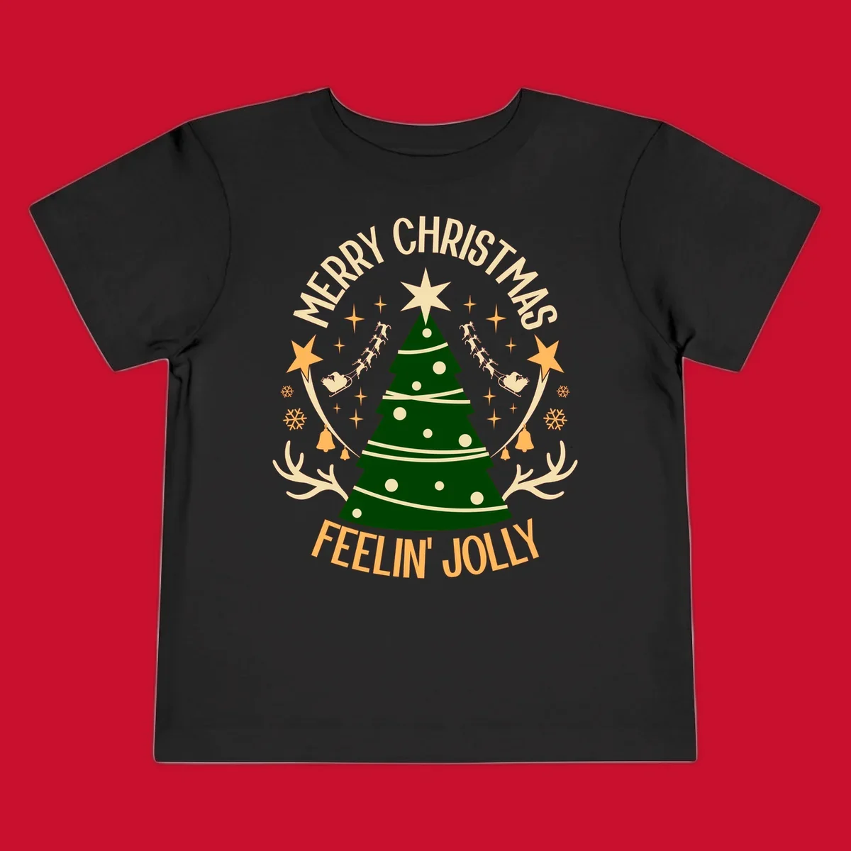 Christmas tree with 'Merry Christmas Feelin' Jolly' text, surrounded by festive holiday elements.