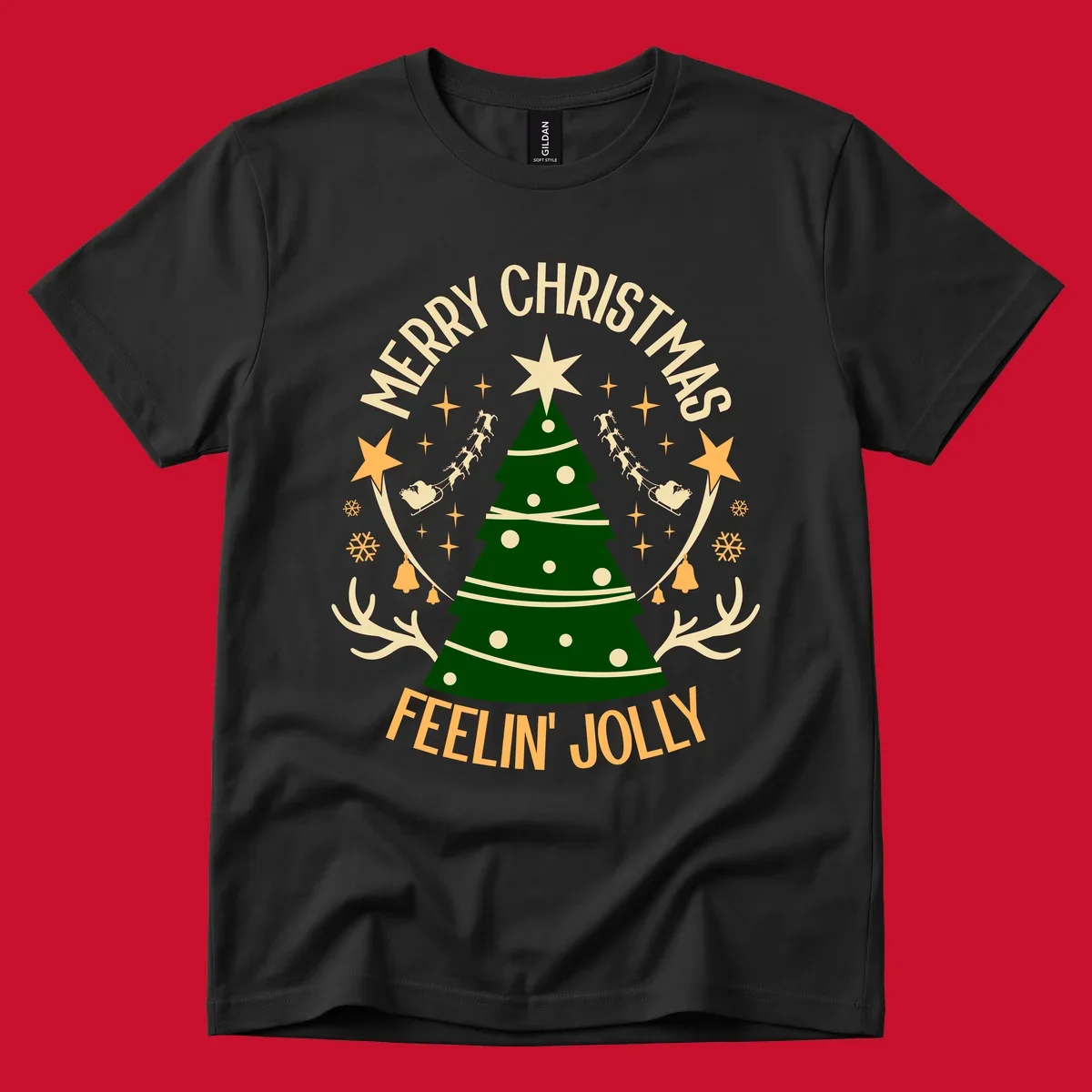 Christmas tree with 'Merry Christmas Feelin' Jolly' text, surrounded by festive holiday elements.