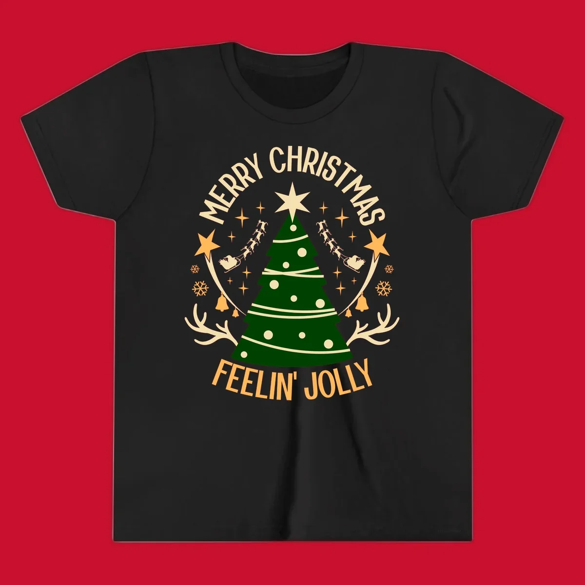 Christmas tree with 'Merry Christmas Feelin' Jolly' text, surrounded by festive holiday elements.