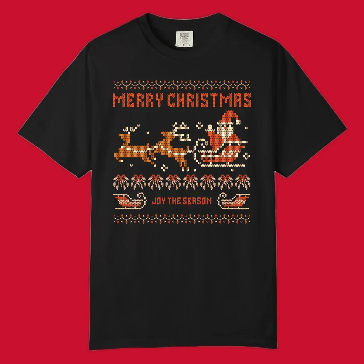Santa sleigh and reindeer with Merry Christmas text, ugly holiday design.