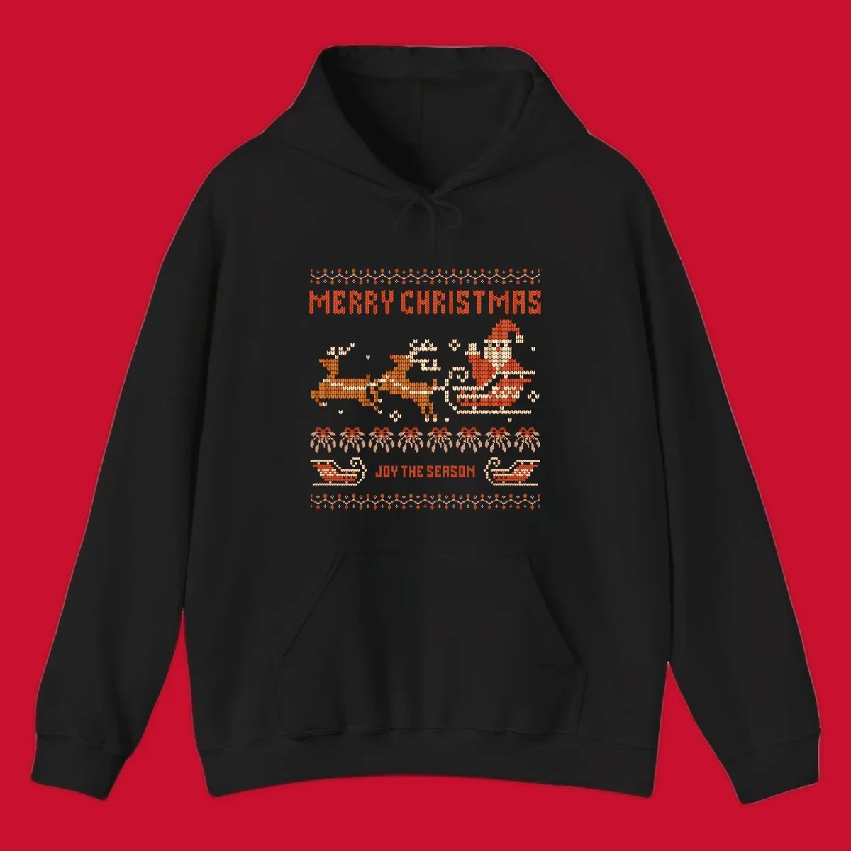 Santa sleigh and reindeer with Merry Christmas text, ugly holiday design.