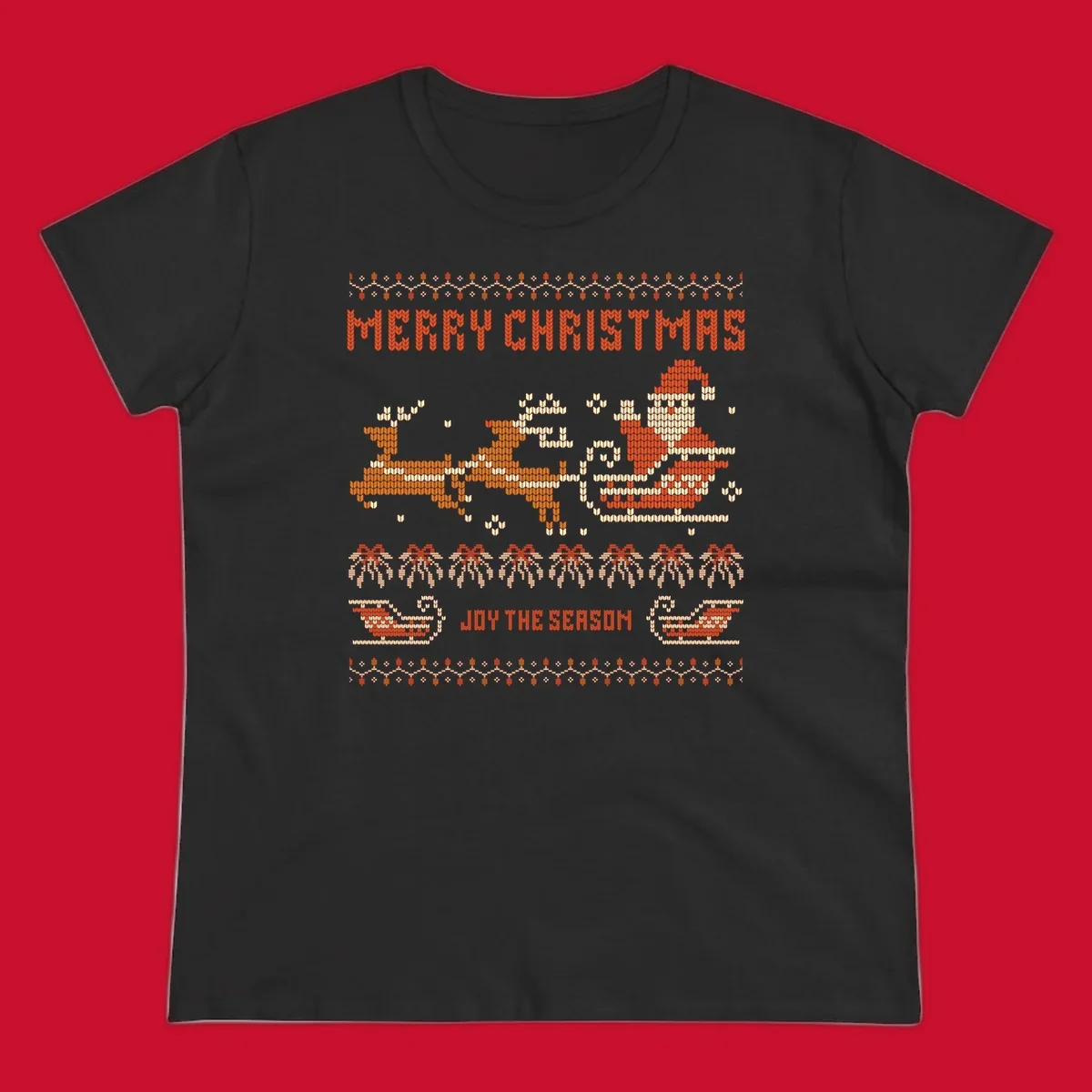 Santa sleigh and reindeer with Merry Christmas text, ugly holiday design.