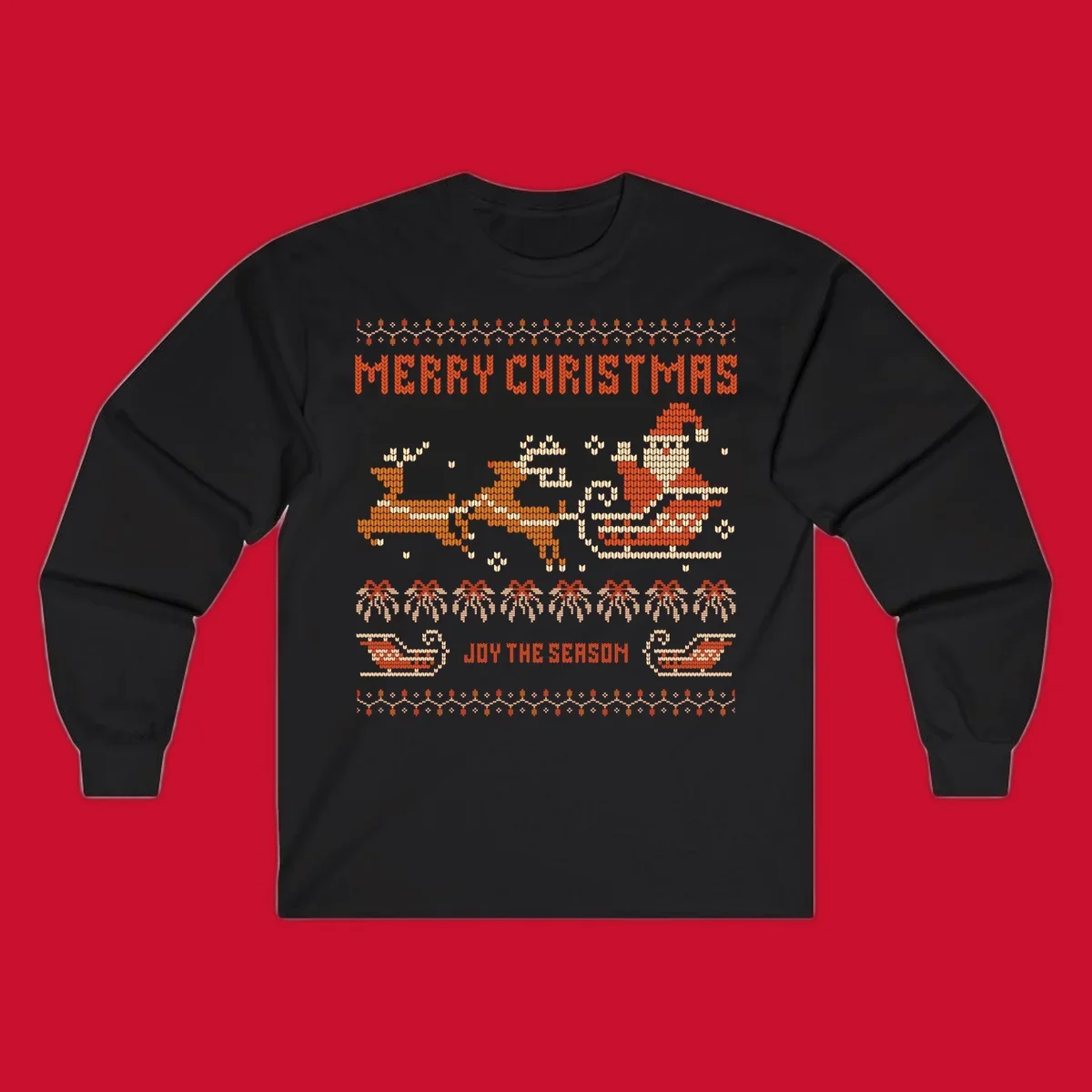Santa sleigh and reindeer with Merry Christmas text, ugly holiday design.