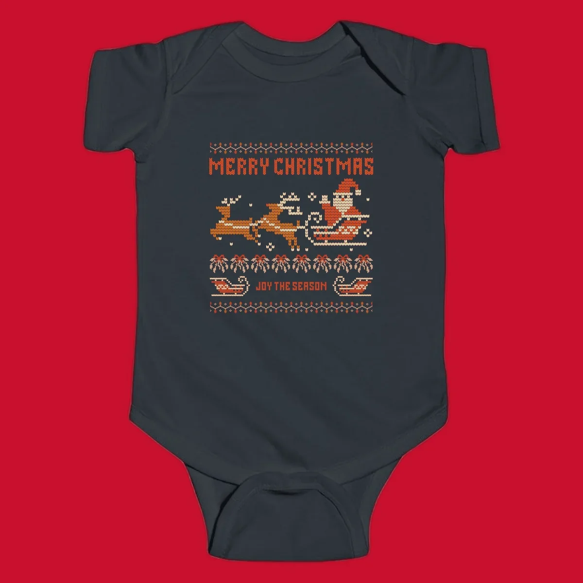 Santa sleigh and reindeer with Merry Christmas text, ugly holiday design.