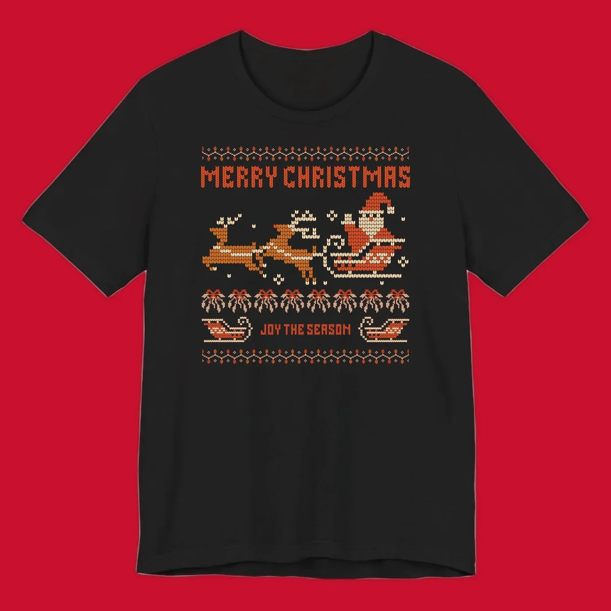 Santa sleigh and reindeer with Merry Christmas text, ugly holiday design.